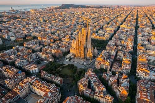 Aerial view of the streets of Barcelona, Spain
