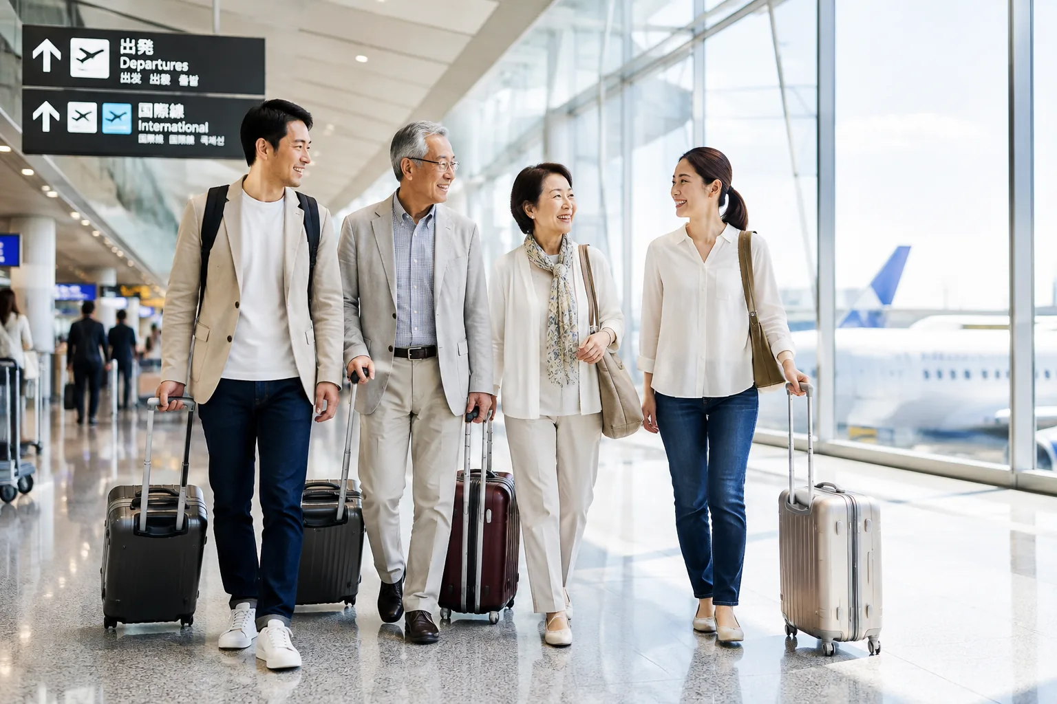 空港の国際線出発ロビーを、スーツケースを引いて笑顔で歩く家族4人。高齢の両親と子ども世代、窓の外には旅客機